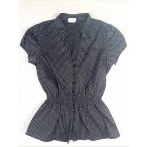 Vintage Polka Dot Blouse Womens Large Black White Peplum Button Top USA Made